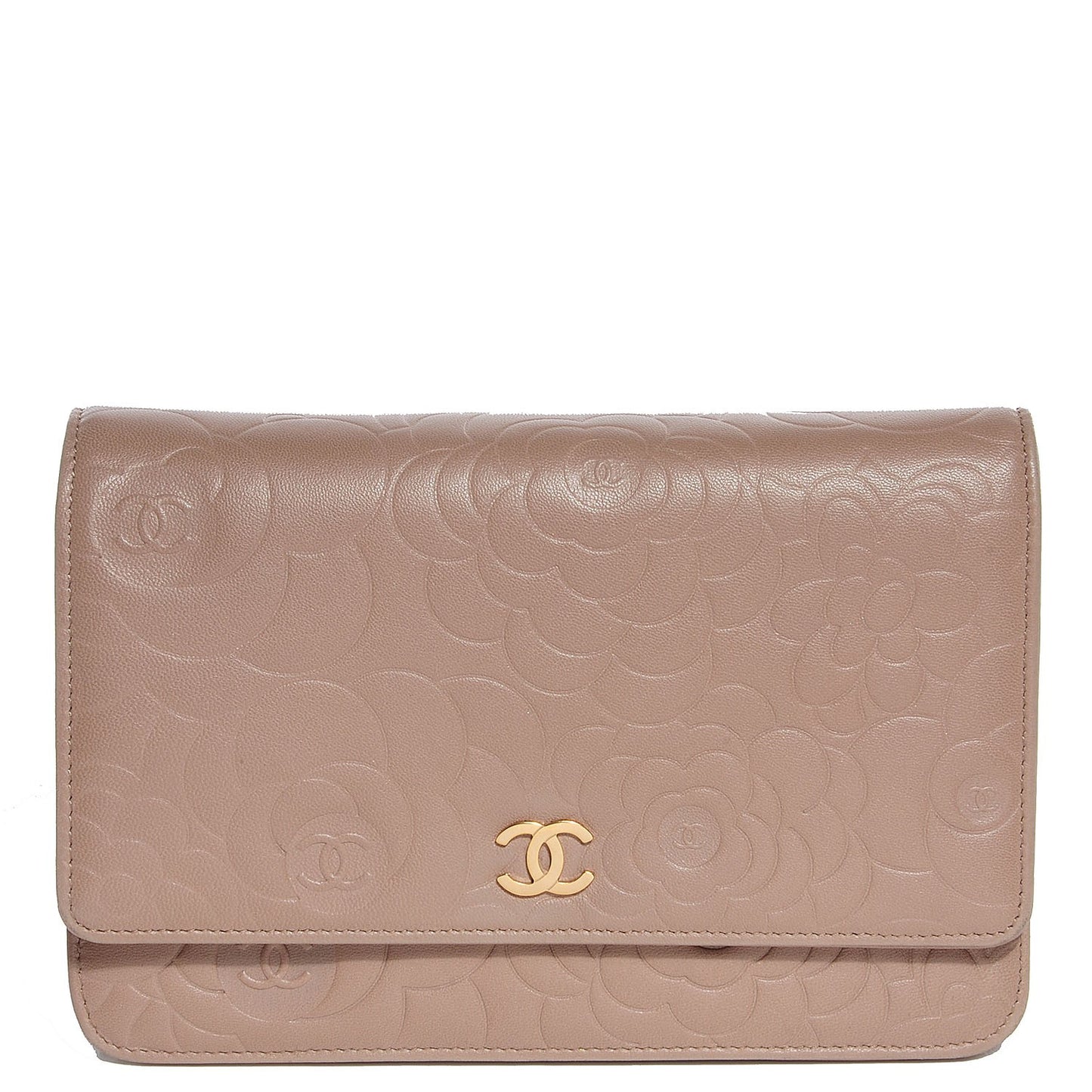 Lambskin Camellia Wallet on Chain Beige
