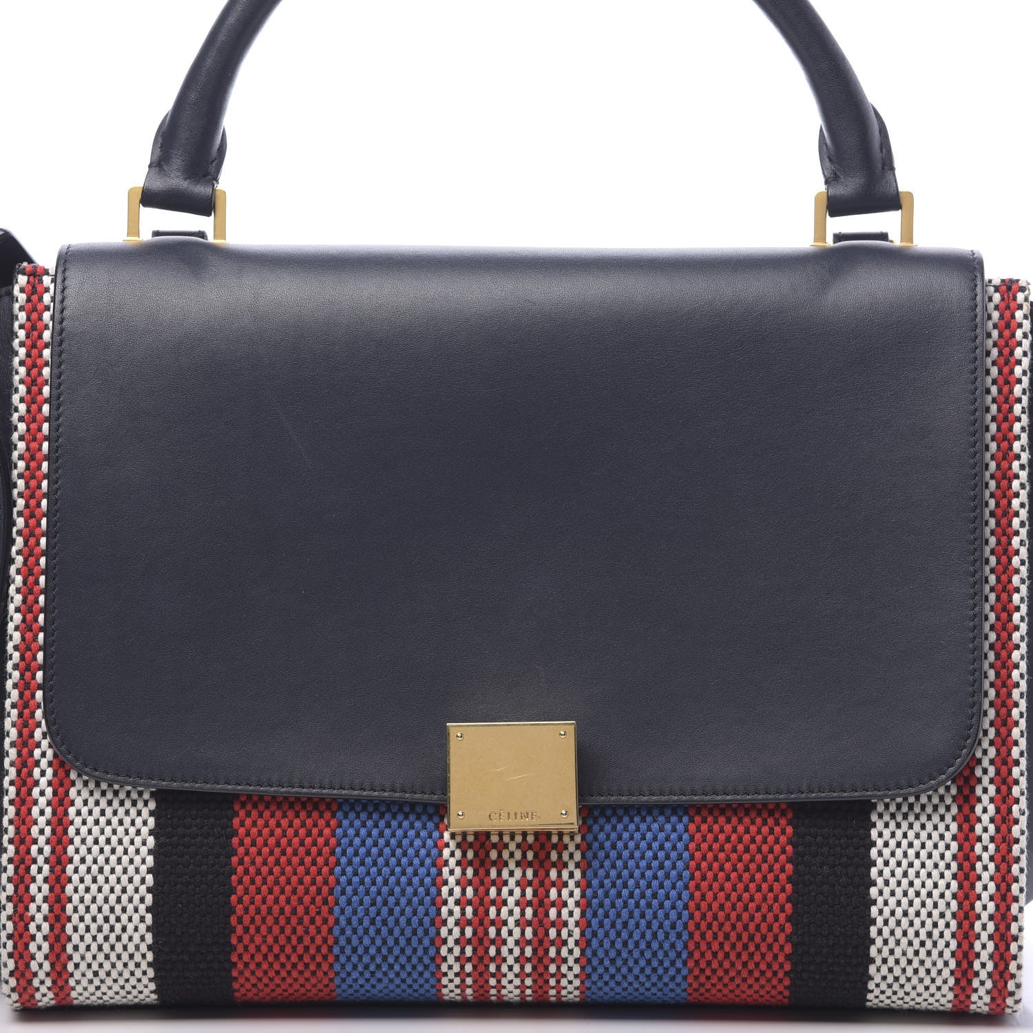 Celine Smooth Calfskin Textile Striped Medium Trapeze Navy Blue 7 of 17