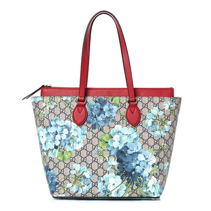 Gucci GG Supreme Monogram Blooms Medium Zippered Bucket Tote Beige Blue Navy Hibiscus Red 1 of 15