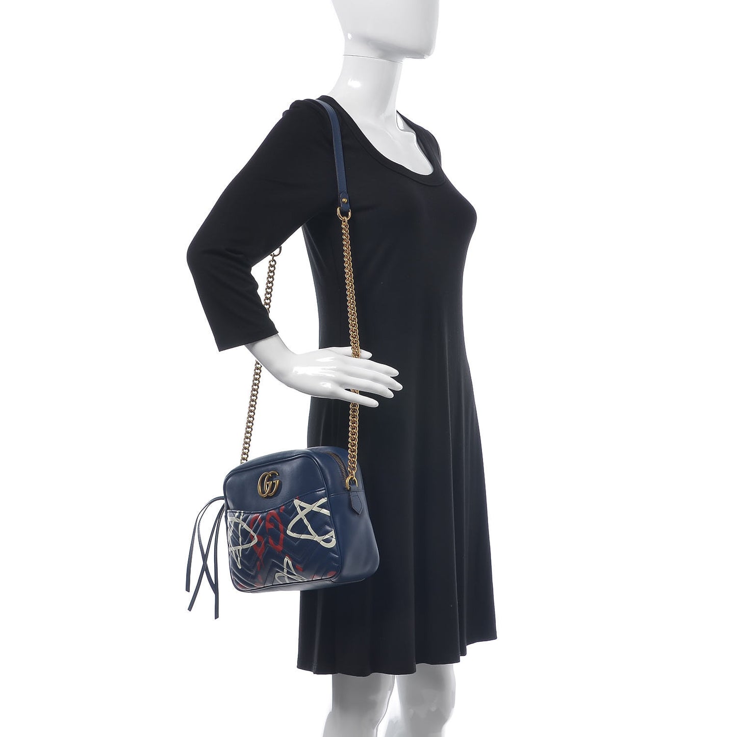 Calfskin Matelasse GucciGhost Medium GG Marmont Chain Shoulder Bag Blue Agata Hibiscus Red