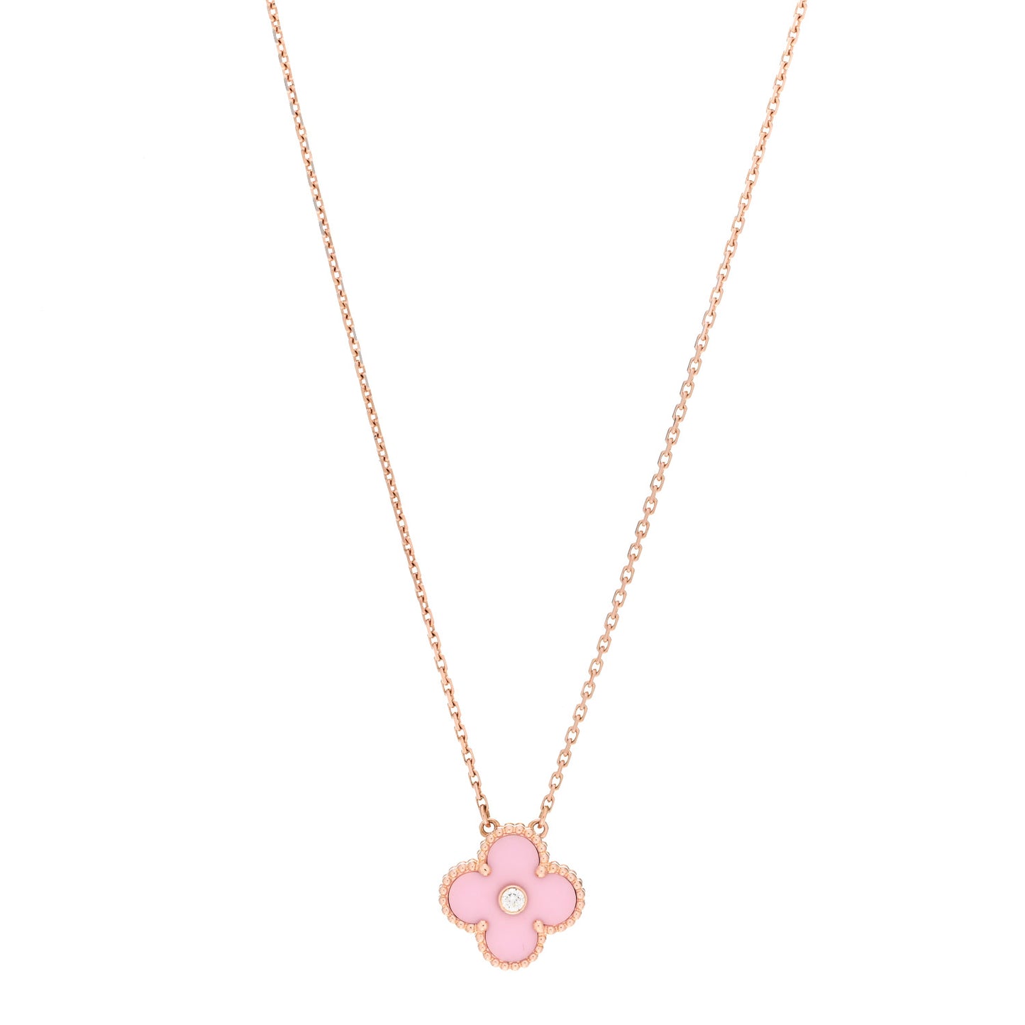 18K Rose Gold Diamond Pink Porcelain Vintage Alhambra Pendant Necklace
