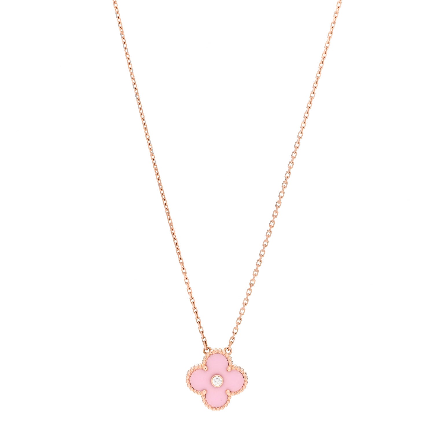 Van Cleef & Arpels 18K Rose Gold Diamond Pink Porcelain Vintage Alhambra Pendant Necklace 1 of 5
