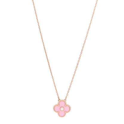 Van Cleef & Arpels 18K Rose Gold Diamond Pink Porcelain Vintage Alhambra Pendant Necklace 1 of 5