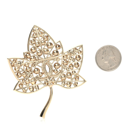 Chanel Pearl Crystal CC Leaf Brooch Gold 2 of 4