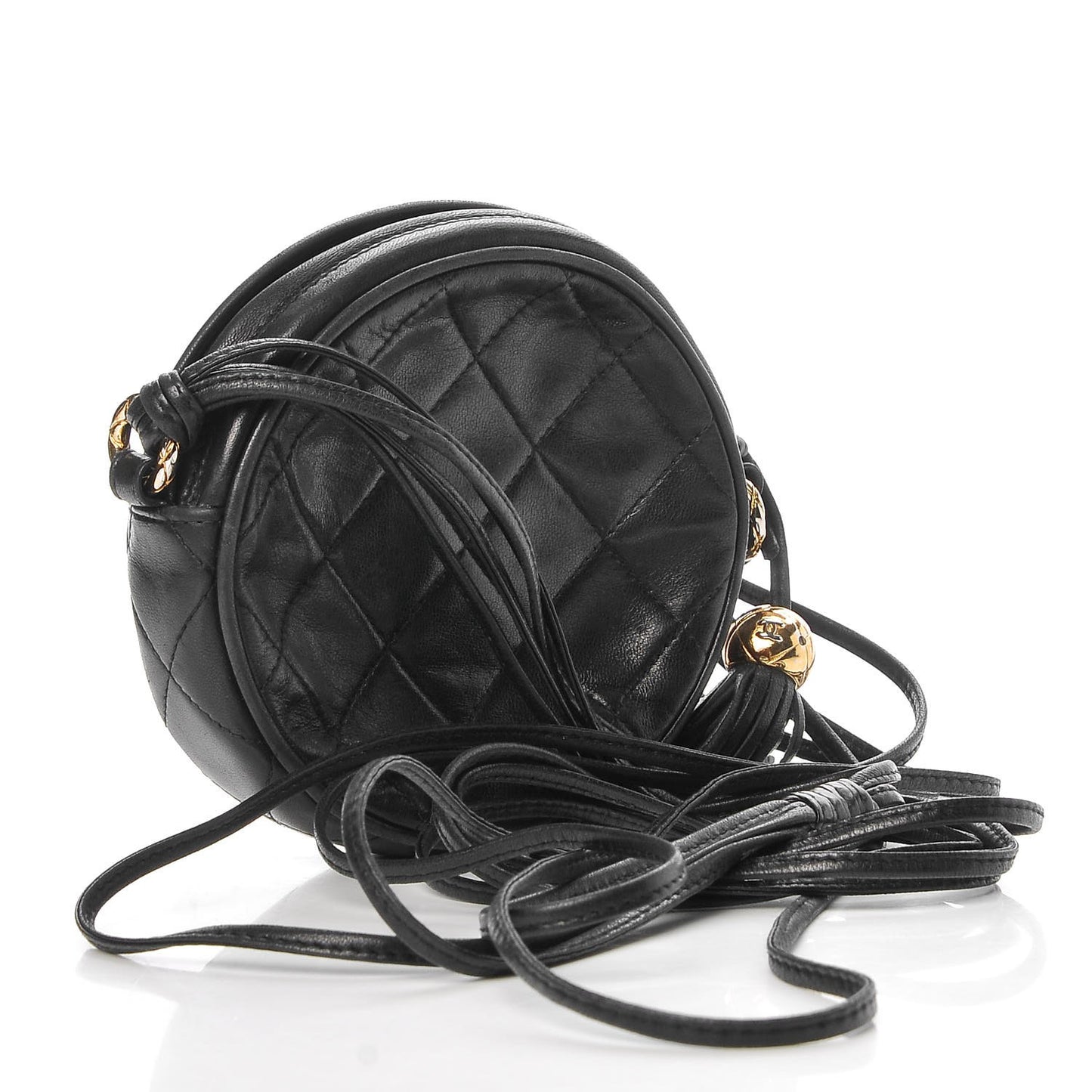 Lambskin Quilted Round Tassel Crossbody Bag Black
