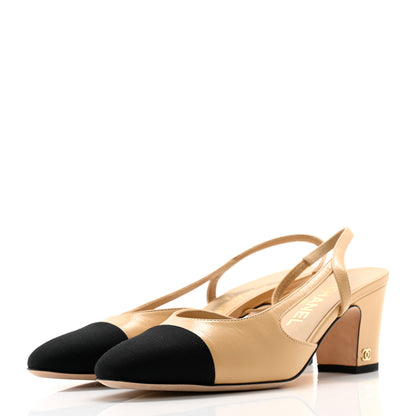 Chanel Goatskin Grosgrain Cap Toe CC Slingback Pumps 37 Beige Black 3 of 9