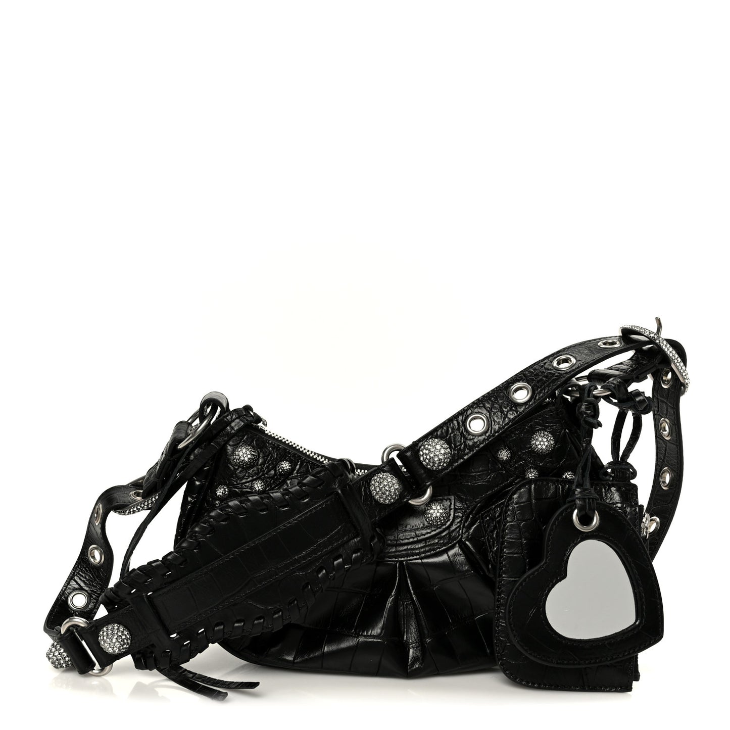 Extra Supple Calfskin Crystal Crocodile Embossed Le Cagole Shoulder Bag XS Black