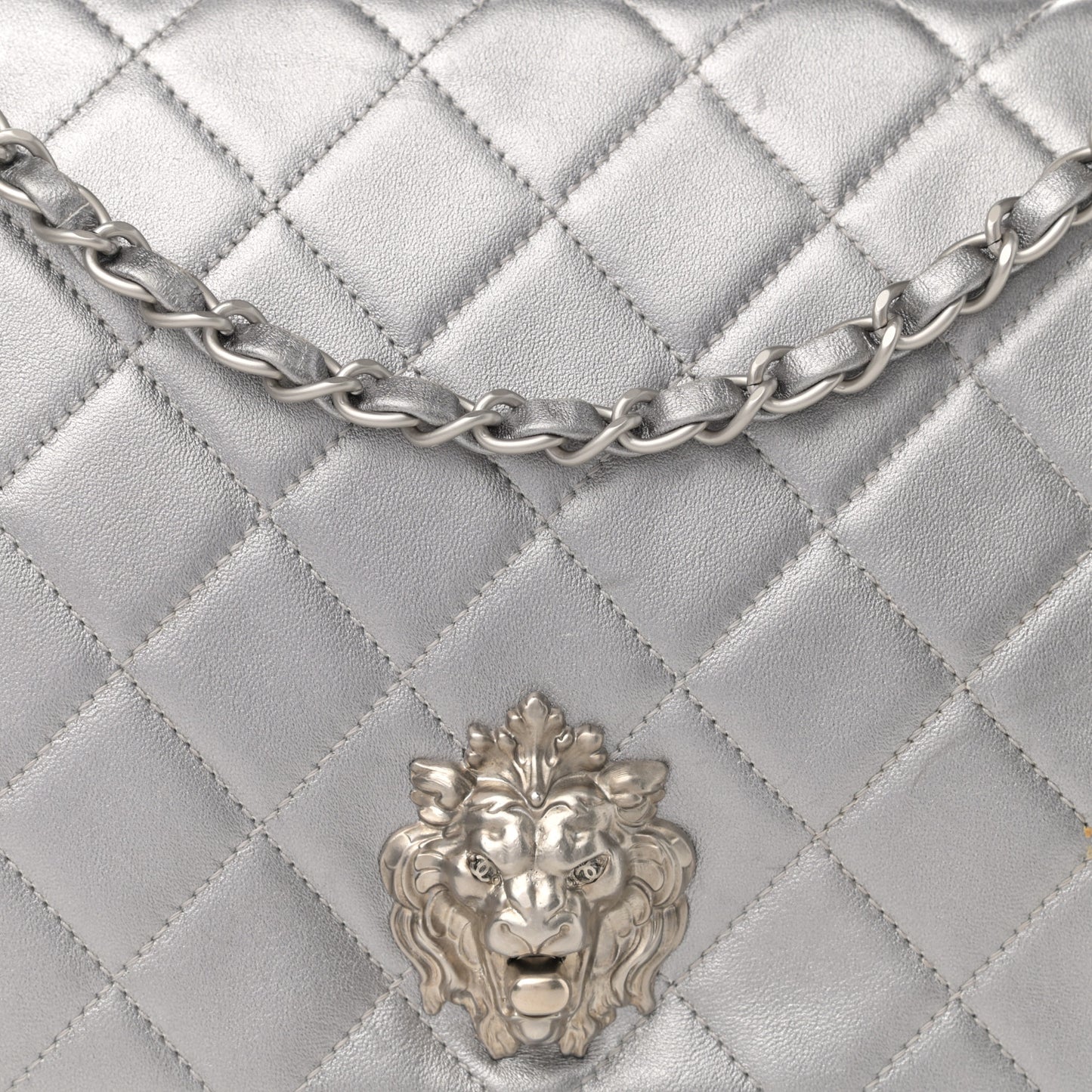 Metallic Lambskin Quilted Medium Leo Lion Flap Clutch Silver