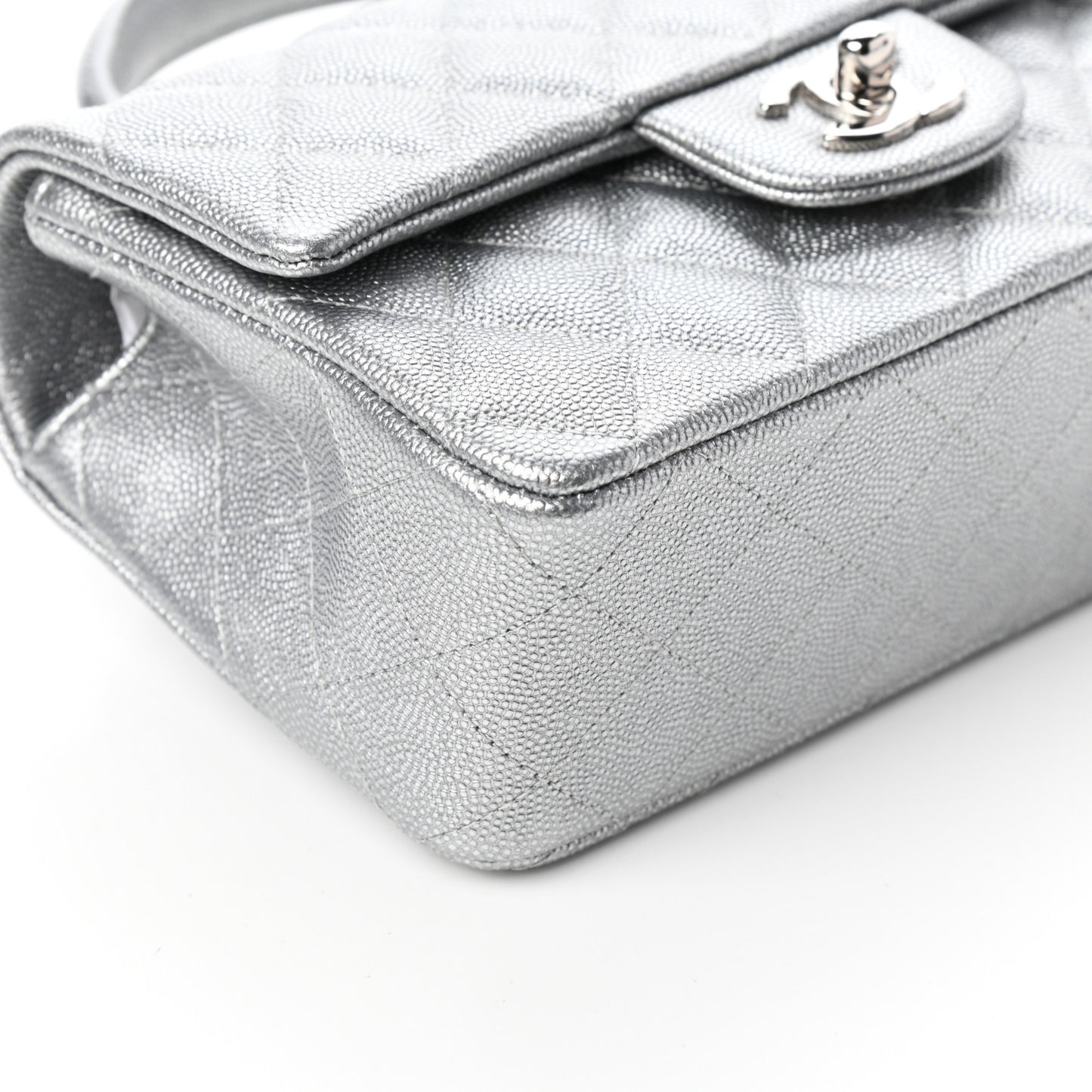 Metallic Caviar Quilted Mini Top Handle Rectangular Flap Silver