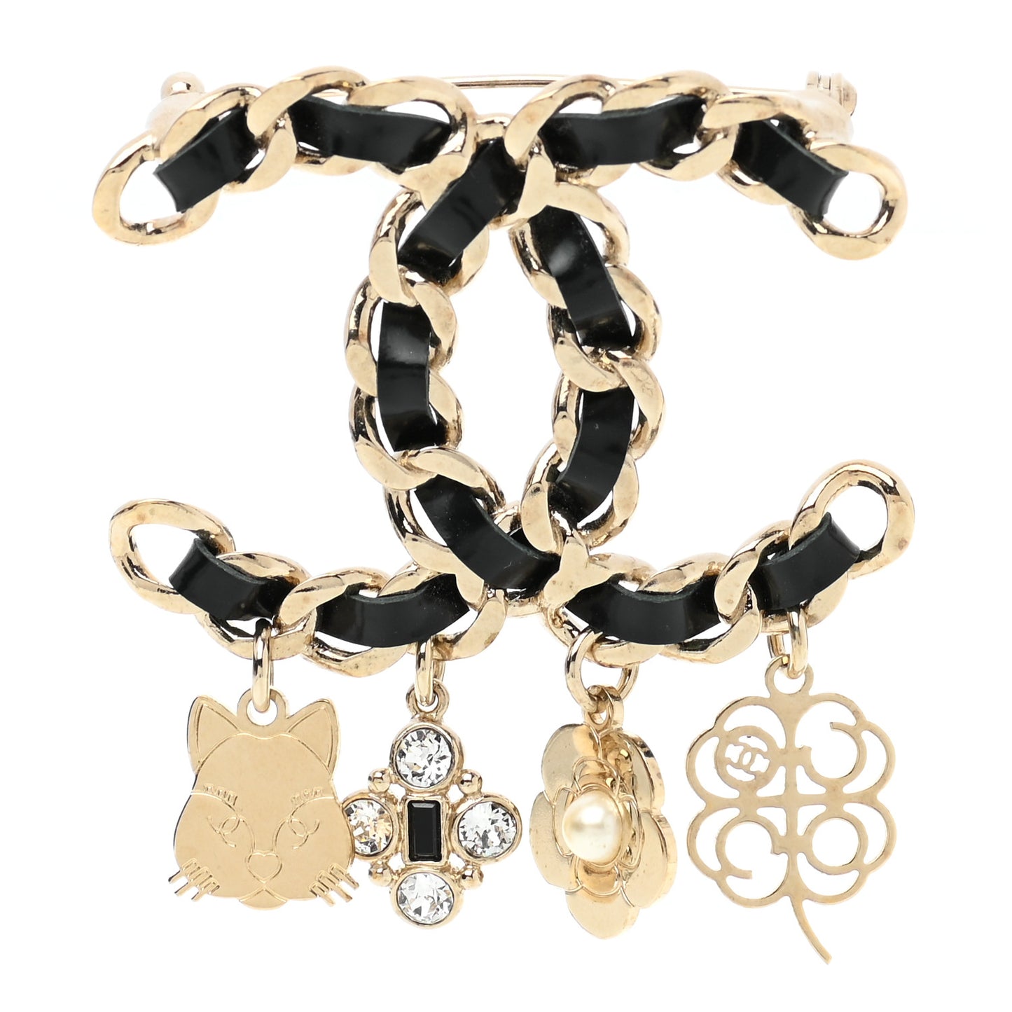 Lambskin Crystal Chain CC Charms Brooch Black Gold