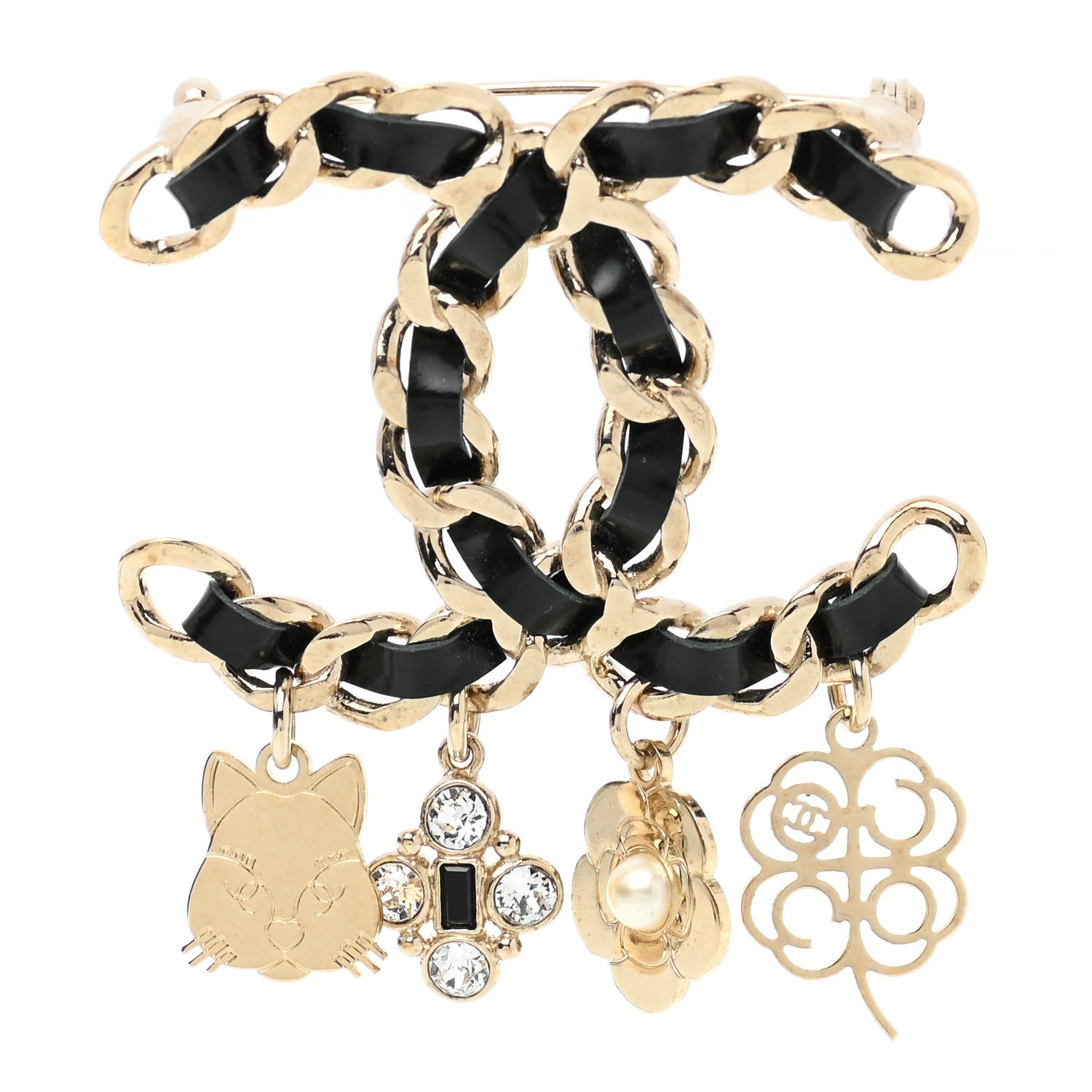 Chanel Lambskin Crystal Chain CC Charms Brooch Black Gold 1 of 4