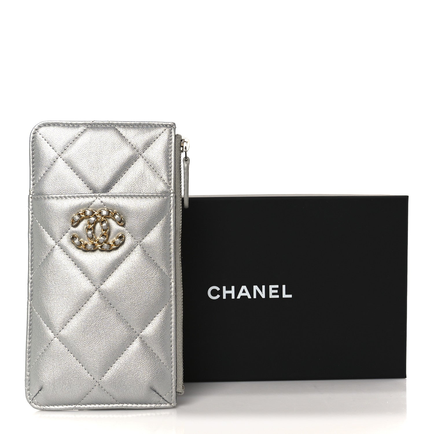 Chanel Lambskin Quilted Chanel 19 Phone and Card Holder Silver