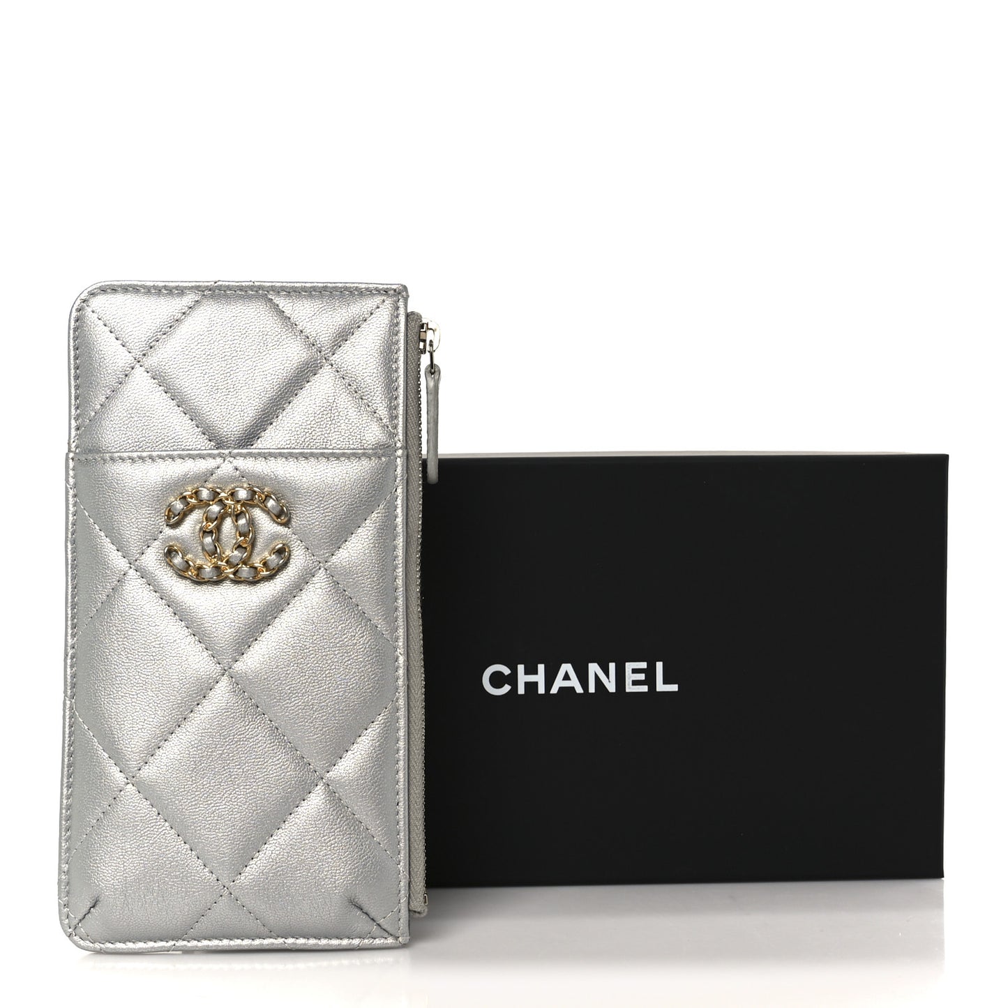 Lambskin Quilted Chanel 19 Phone and Card Holder Silver