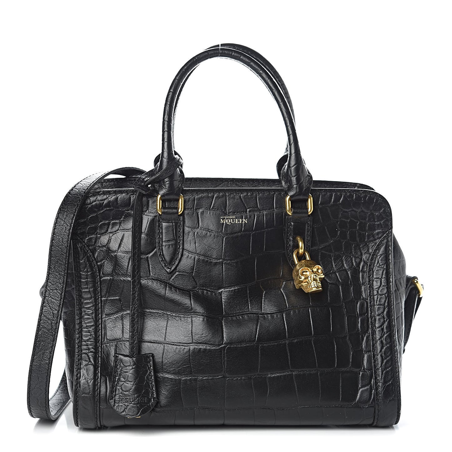 Calfskin Crocodile Embossed Small Skull Padlock Zip Around Tote Black