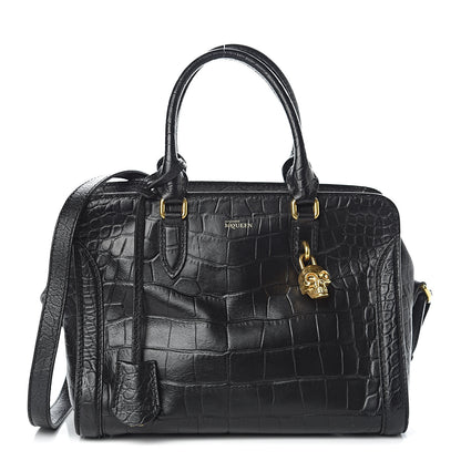 Alexander McQueen Calfskin Crocodile Embossed Small Skull Padlock Zip Around Tote Black 1 of 11