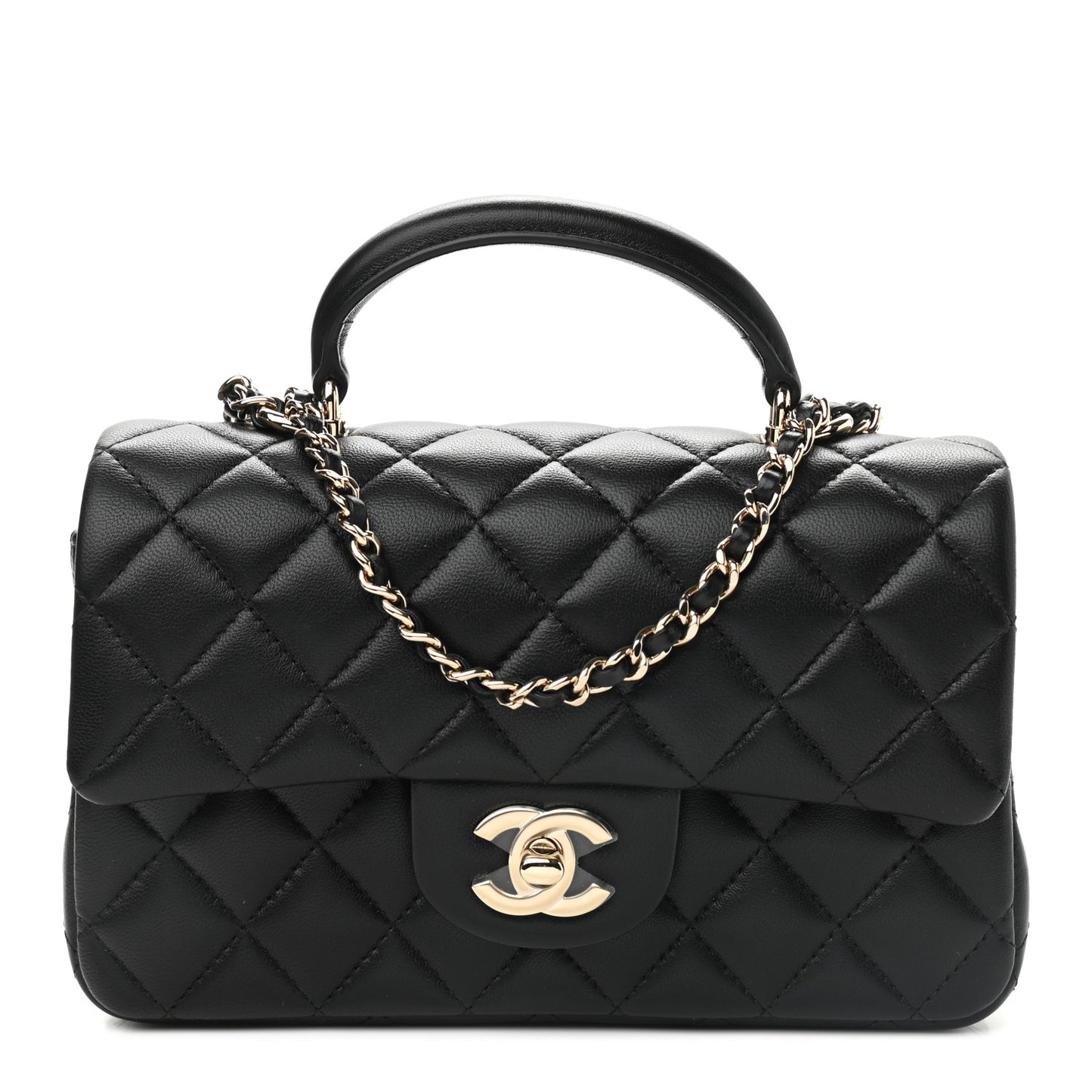 Lambskin Quilted Mini Top Handle Rectangular Flap Black