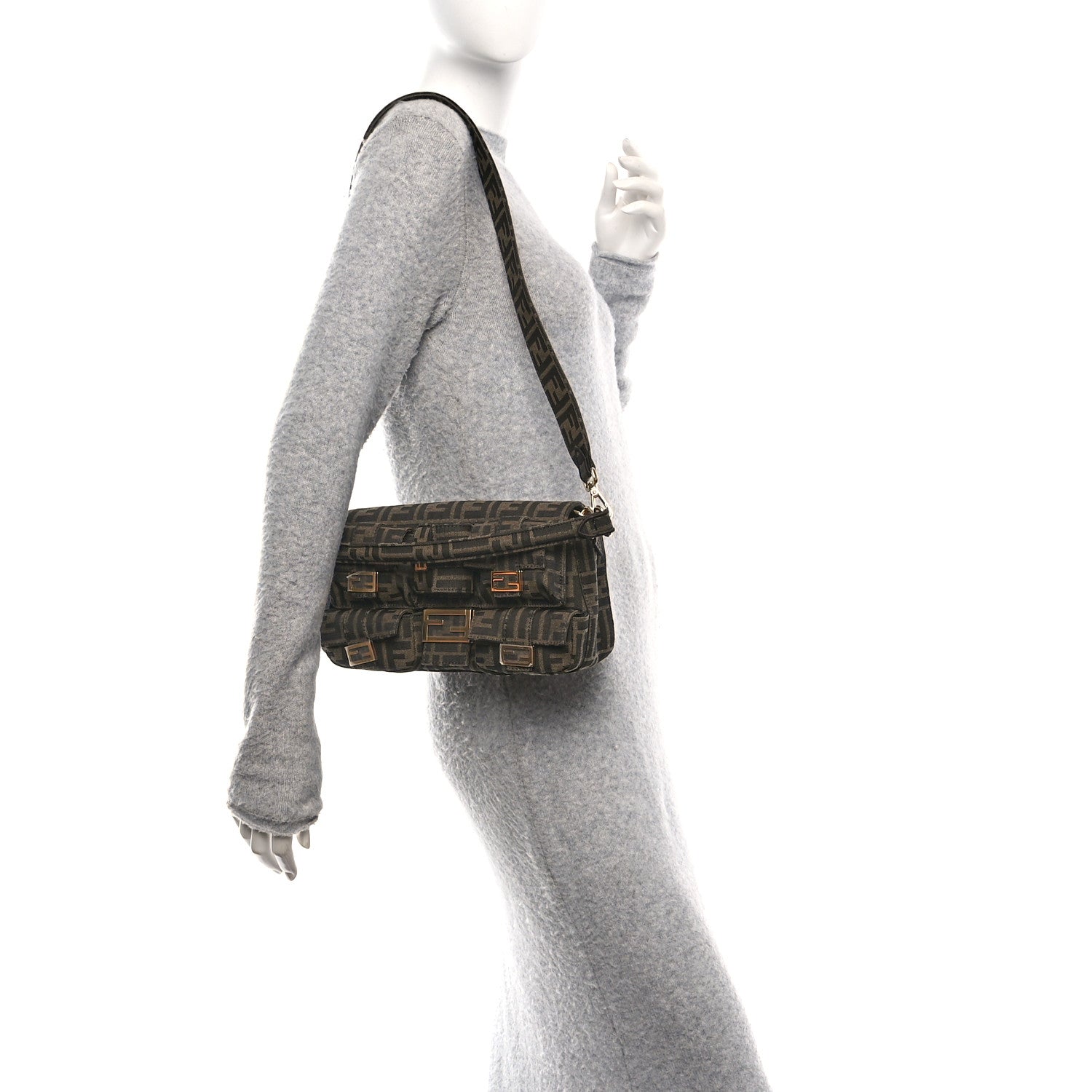 Fendi Fabric Jacquard FF 1974 Multipocket Baguette Tobacco Moro 2 of 14
