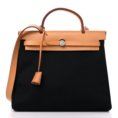 Hermes Toile Vache Calfskin Herbag 30 PM Black Natural 1 of 14