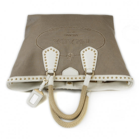 Prada Jacquard Canvas Logo Studded Tote 4 of 15