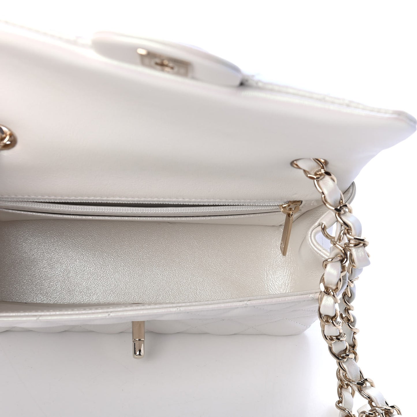 Iridescent Calfskin Quilted Mini Rectangular Flap White