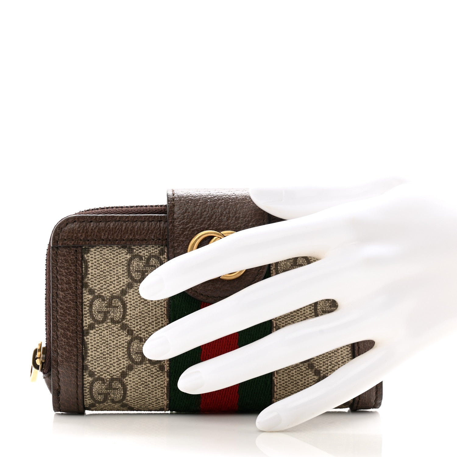 Gucci GG Supreme Monogram Textured Dollar Calfskin Web Ophidia Overlay Zip Around Card Case Wallet Beige Ebony New Acero 2 of 9