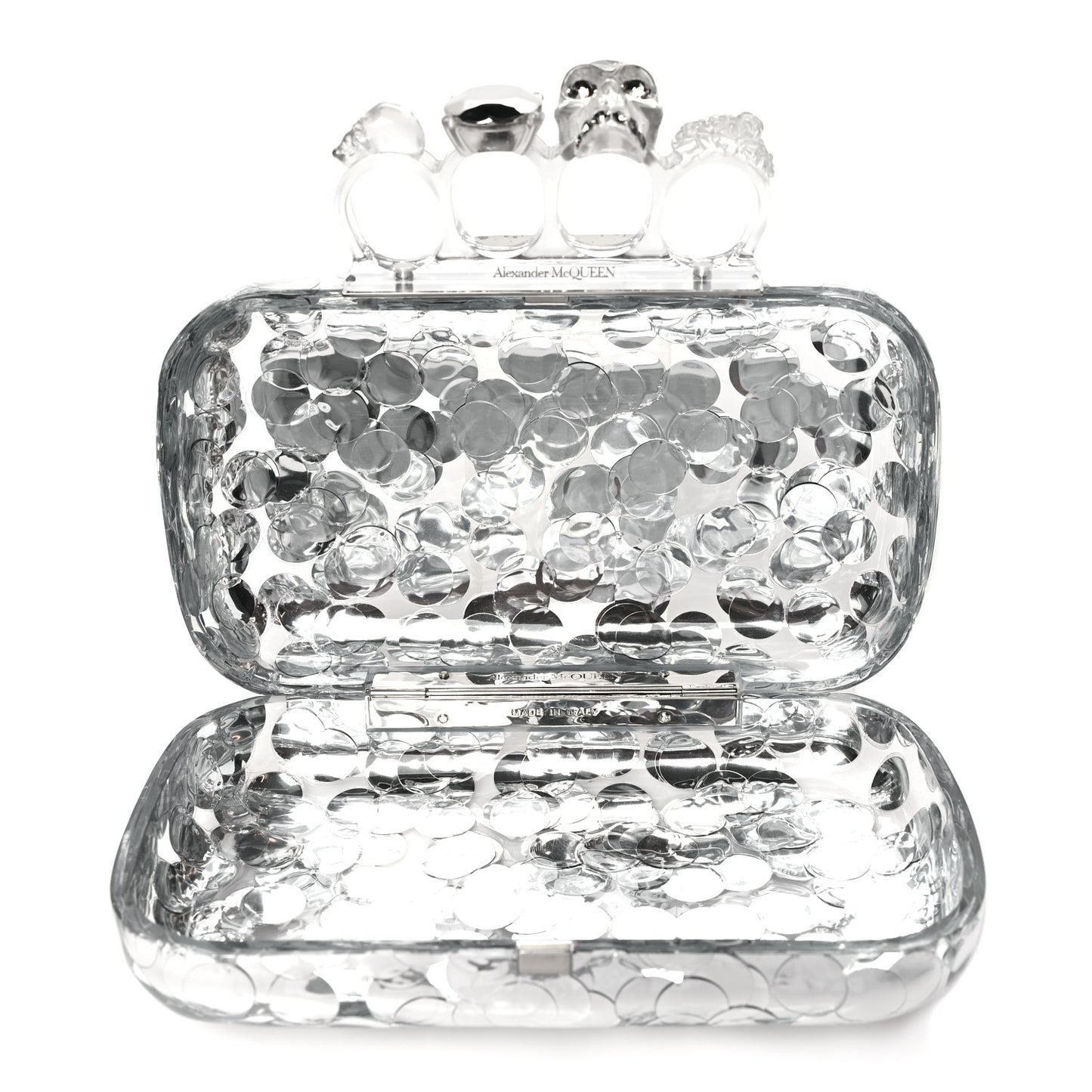 Plexi Mirror Sequin Skull Four Ring Clutch Silver