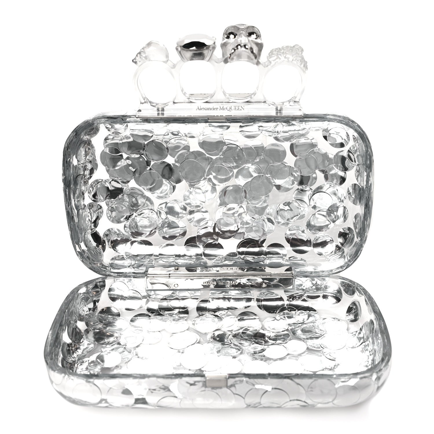 Alexander McQueen Plexi Mirror Sequin Skull Four Ring Clutch Silver 5 of 9