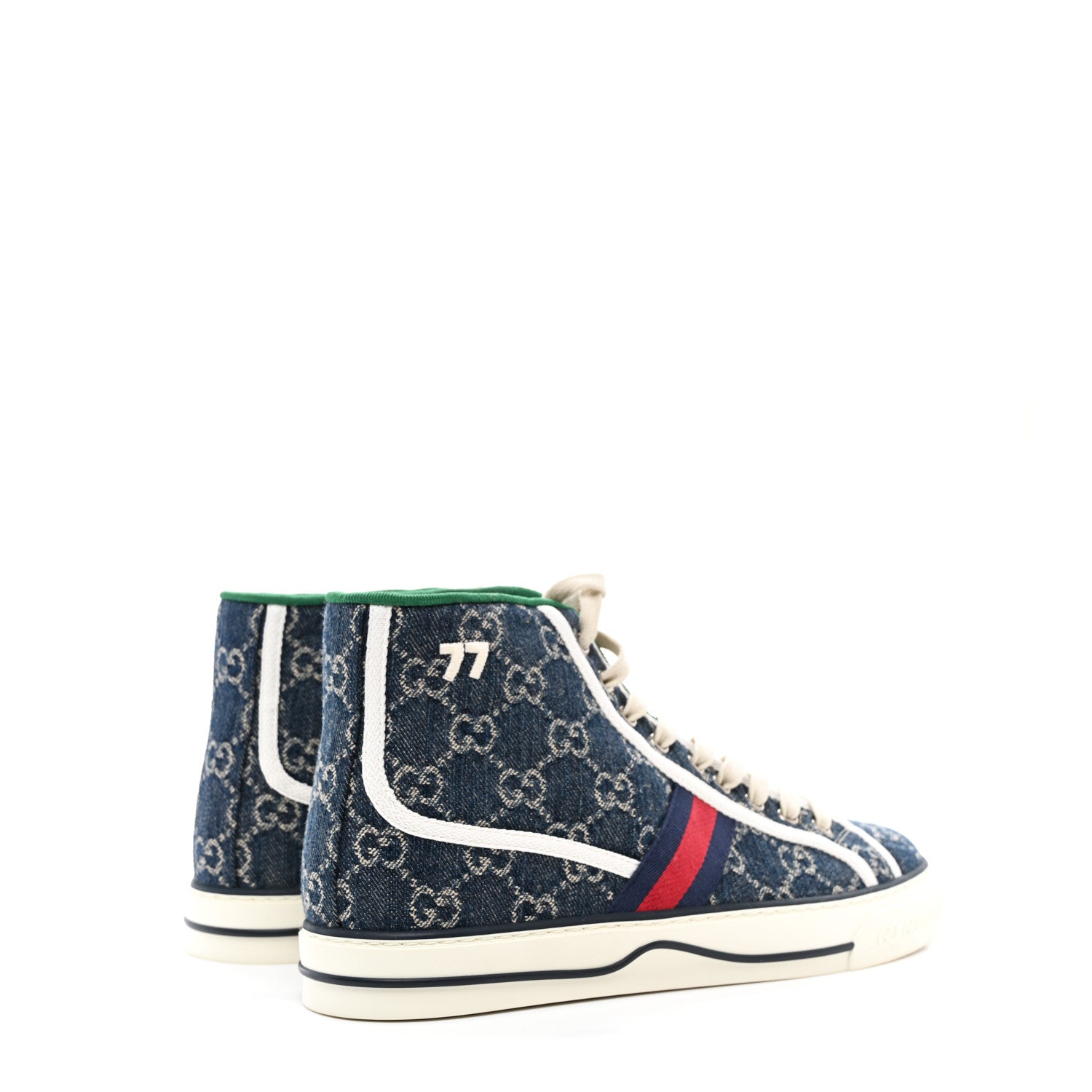 Gucci New Denim GG Monogram Web Womens 1977 Tennis High Top Sneakers 7.5 Blue Tea Mystic White 4 of 8