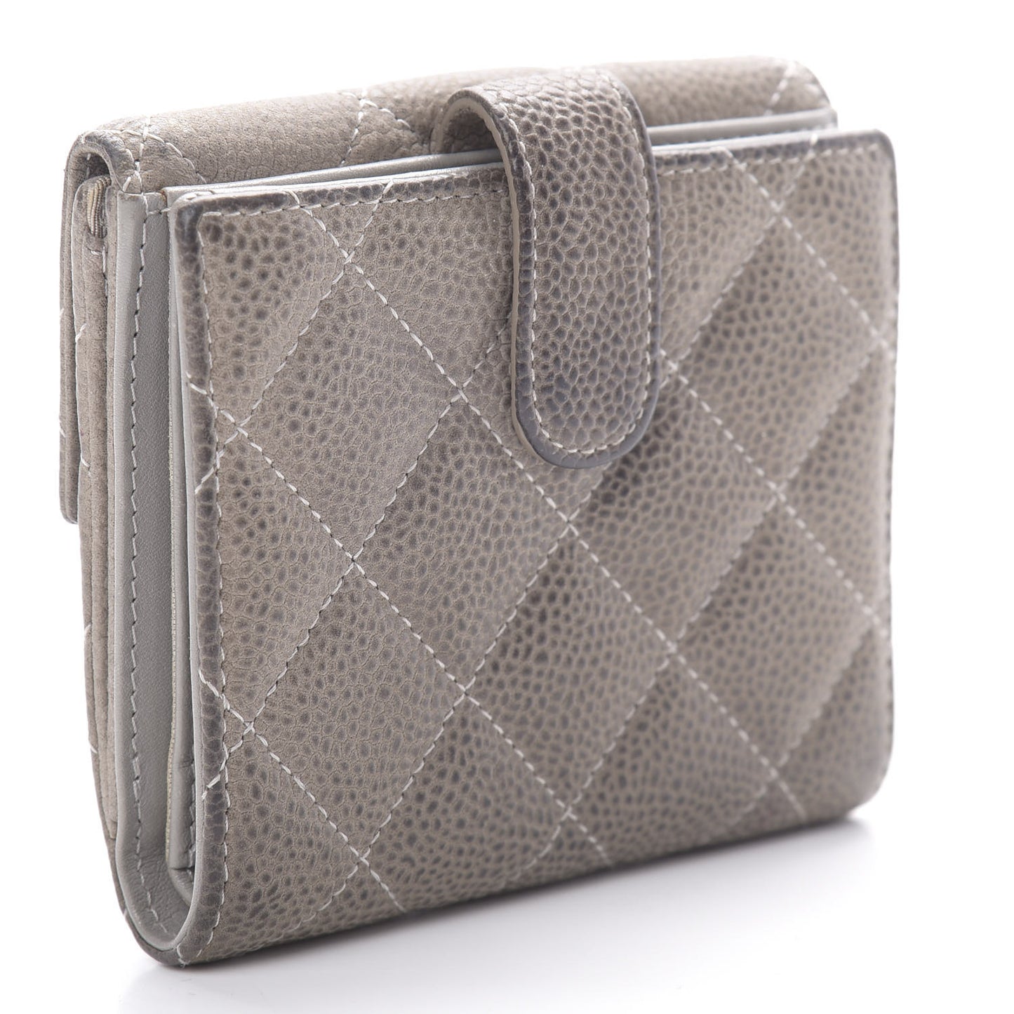 Iridescent Caviar Quilted Compact French Flap Wallet Grey