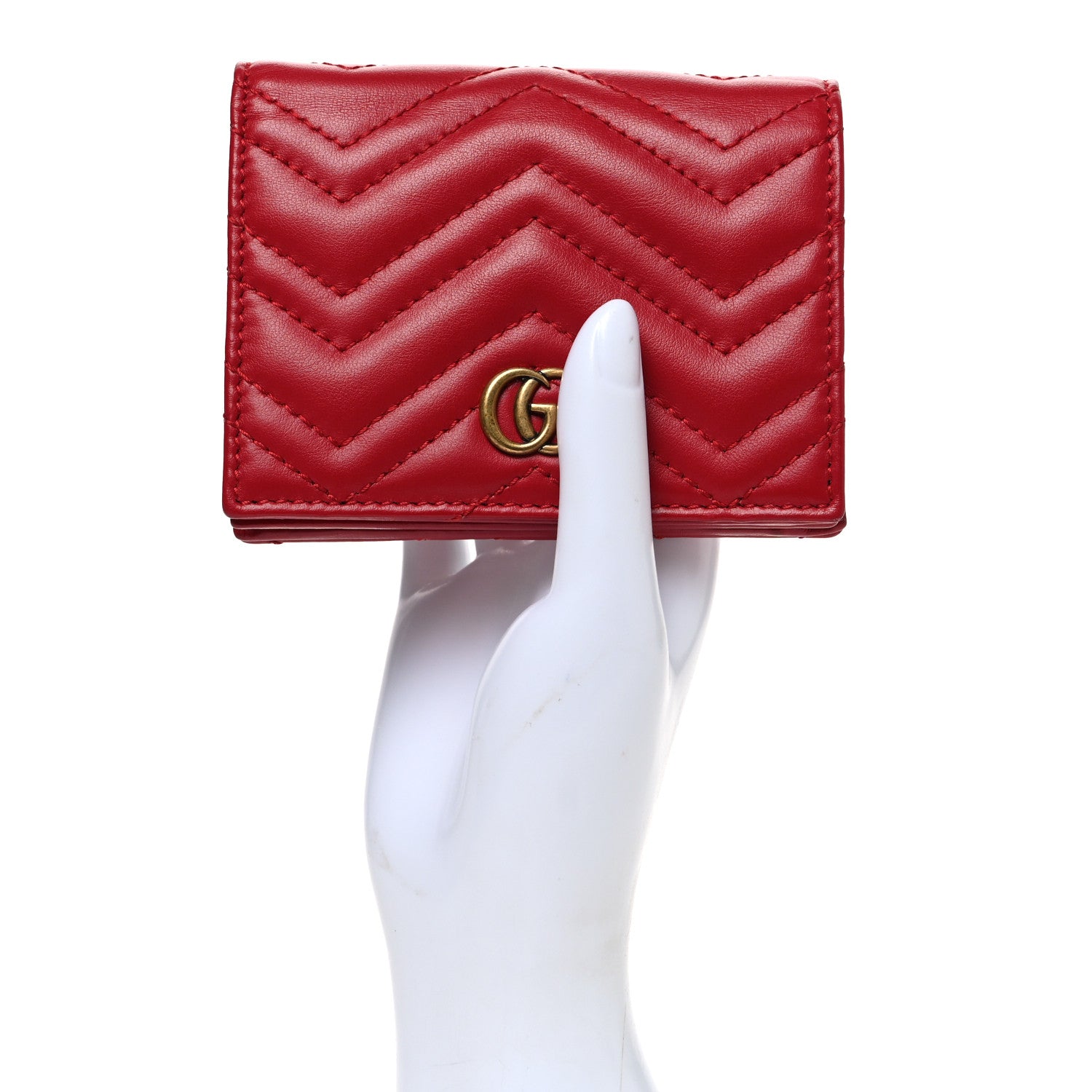 Gucci Calfskin Matelasse GG Marmont Card Case Wallet Hibiscus Red