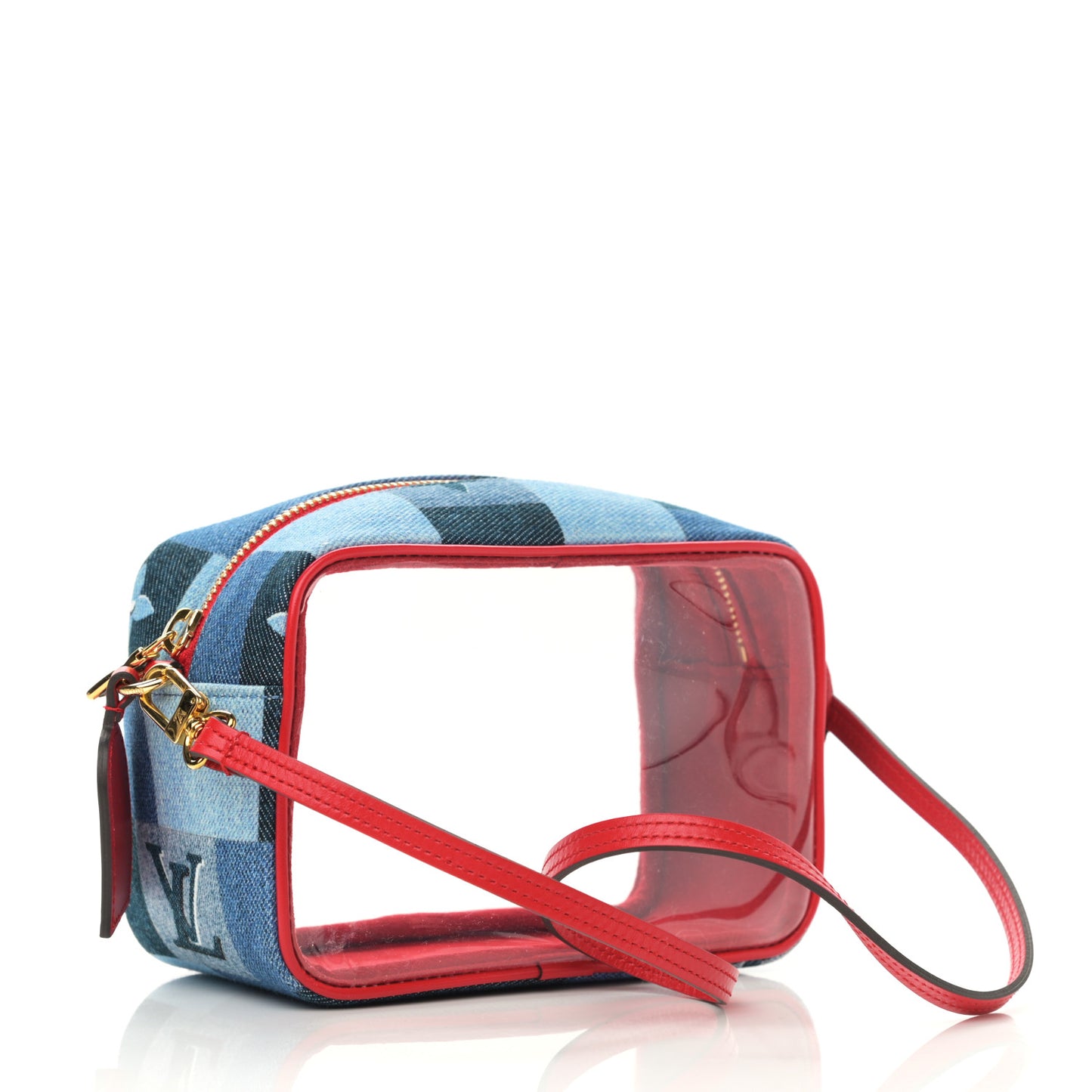 Denim Damier Monogram Patchwork PVC Beach Pouch Blue Rouge