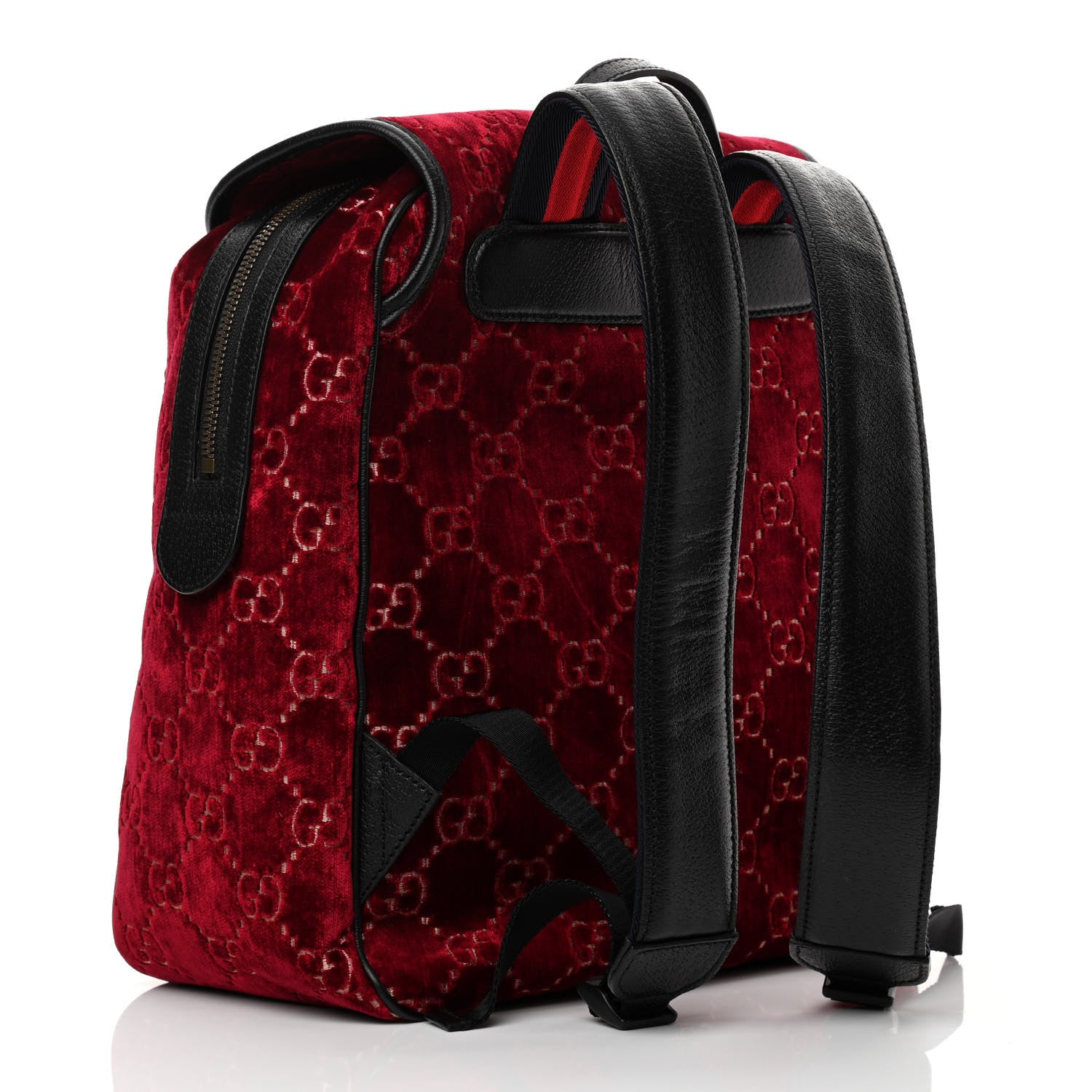 Gucci Velvet GG Monogram Textured Calfskin Web Small Double Buckle Backpack Red Cipria Black 3 of 10