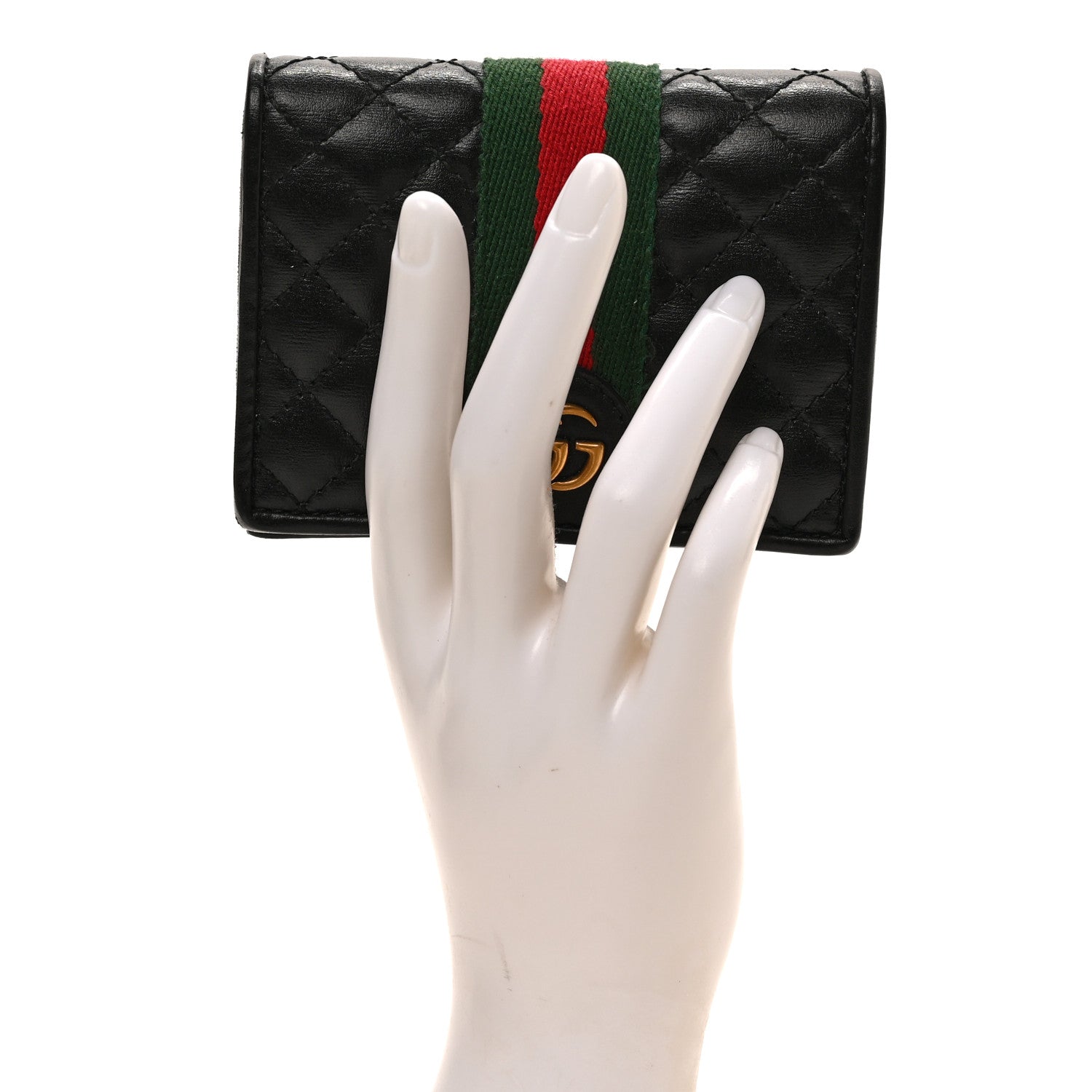 Gucci Calfskin Web Trapuntata GG Marmont Card Case Wallet Black 2 of 7