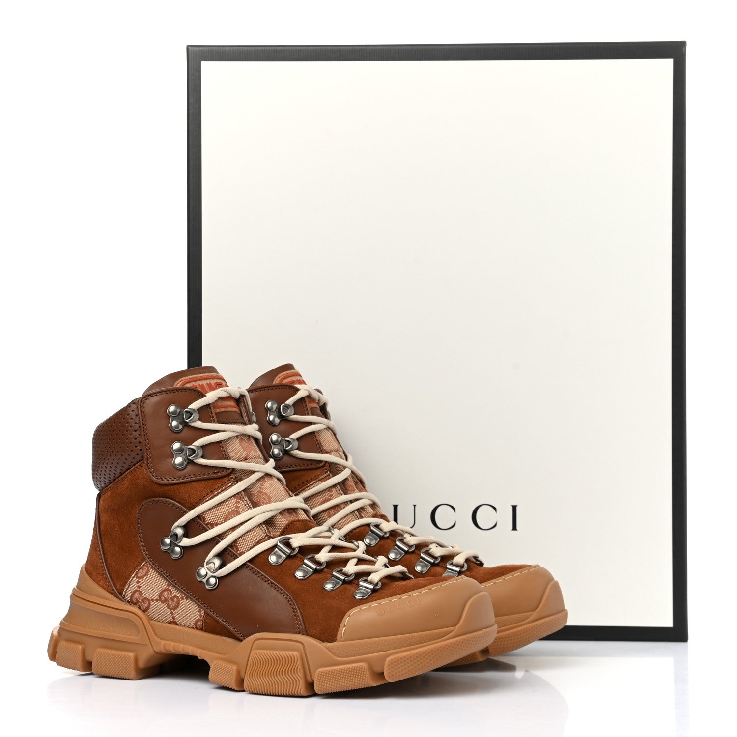 Gucci X SEGA Suede Calfskin GG Monogram Mens Flashtrek High-Top Sneakers 7 New Cuir Beige Ruggine 8 of 8