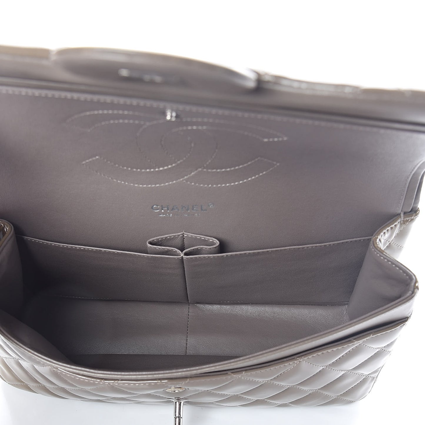 Patent Calfskin Quilted Jumbo Double Flap Grey