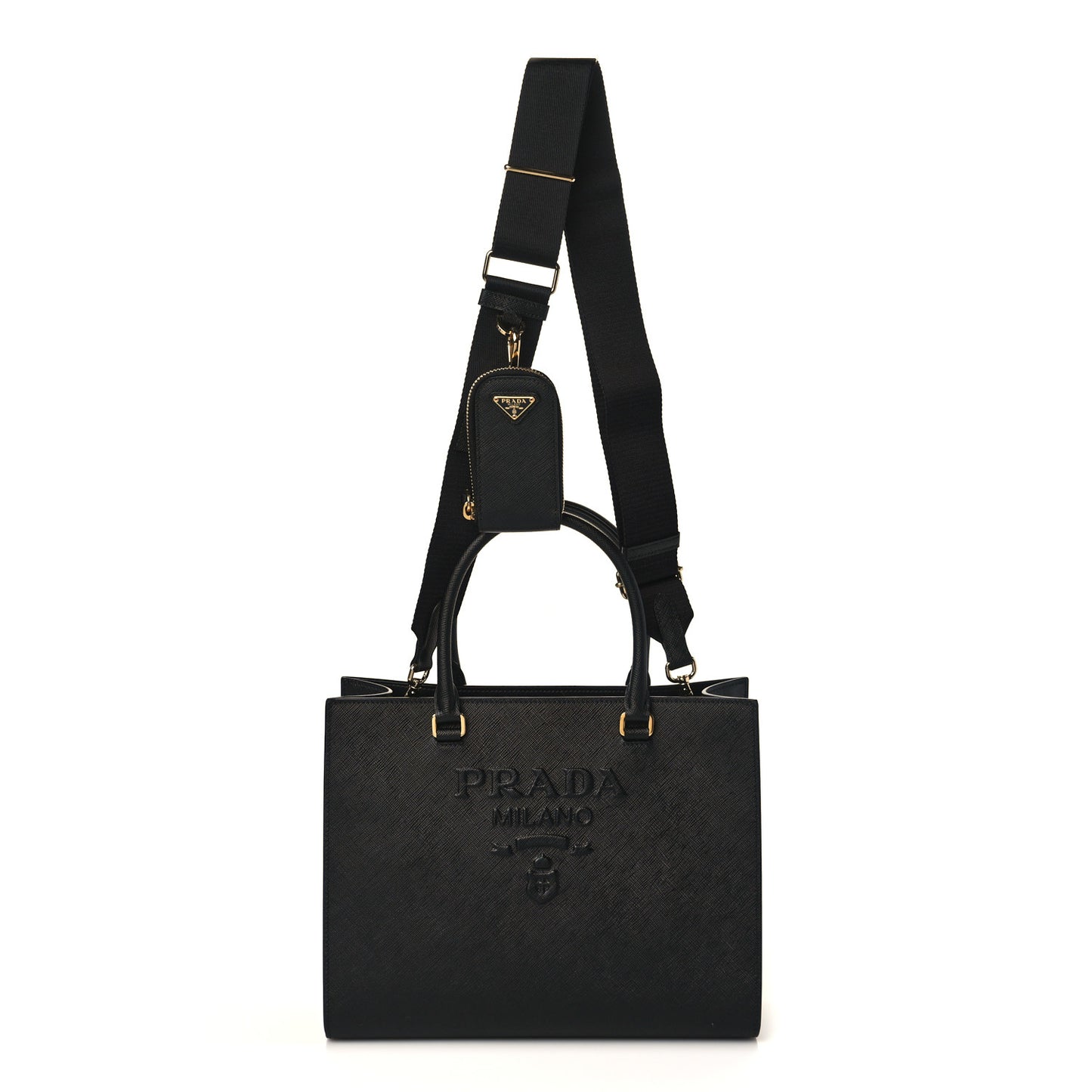 Saffiano Lux Logo Embossed Medium Shoulder Tote Handbag Black