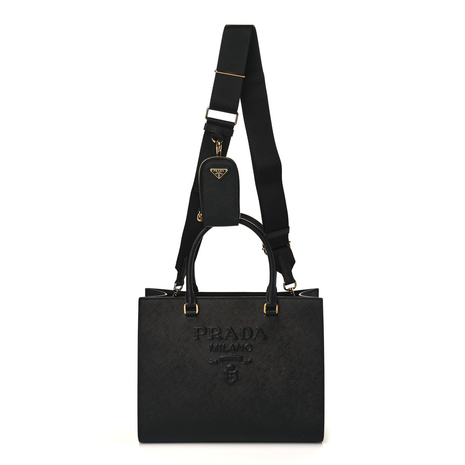 Prada Saffiano Lux Logo Embossed Medium Shoulder Tote Handbag Black 1 of 8