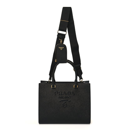 Prada Saffiano Lux Logo Embossed Medium Shoulder Tote Handbag Black 1 of 8