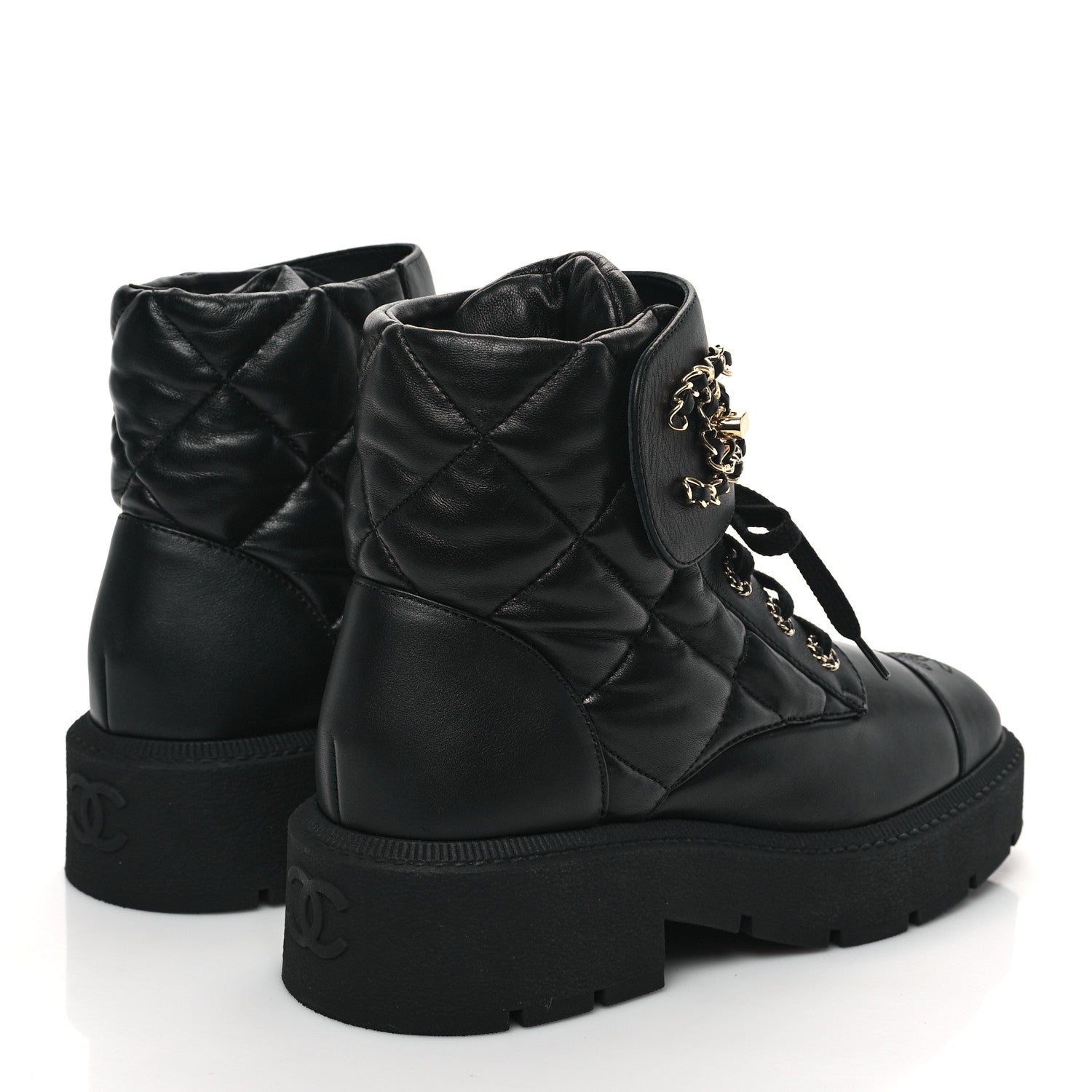 Chanel Lambskin Calfskin Quilted Lace Up Combat Boots 40 Black 4 of 10