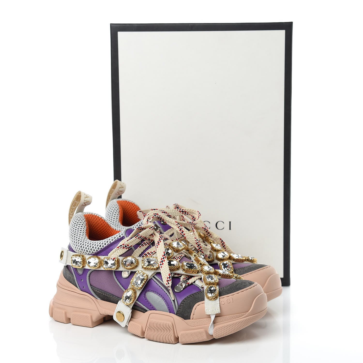 Gucci X SEGA Nylon Calfskin Suede Removable Crystals Womens Flashtrek Sneakers 38.5 New Lavender Loess Shine Purple 13 of 13
