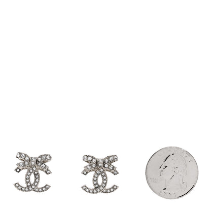 Chanel Crystal CC Bow Dangle Earrings Silver 2 of 5