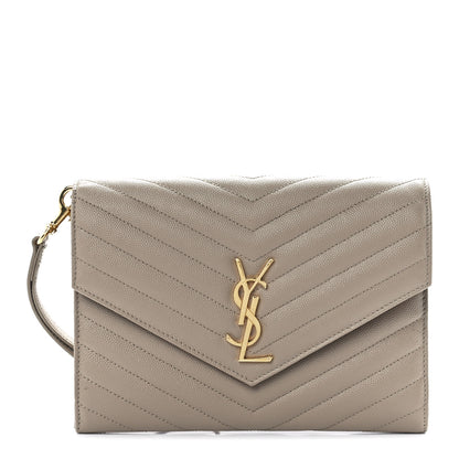 Saint Laurent Grain De Poudre Matelasse Chevron Monogram Envelope Clutch Dark Beige 1 of 11