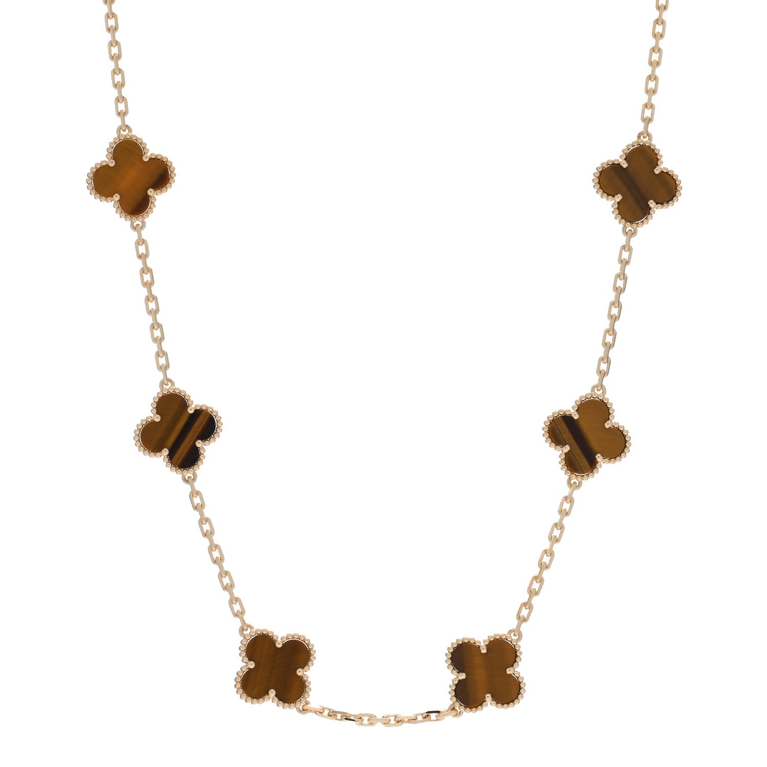 Van Cleef & Arpels 18K Yellow Gold Tiger Eye 10 Motifs Vintage Alhambra Necklace 1 of 5