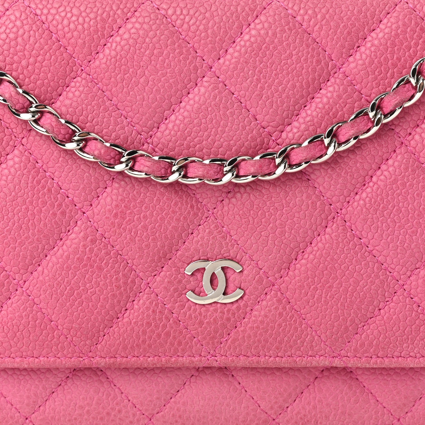 Iridescent Caviar Quilted Wallet on Chain WOC Pink