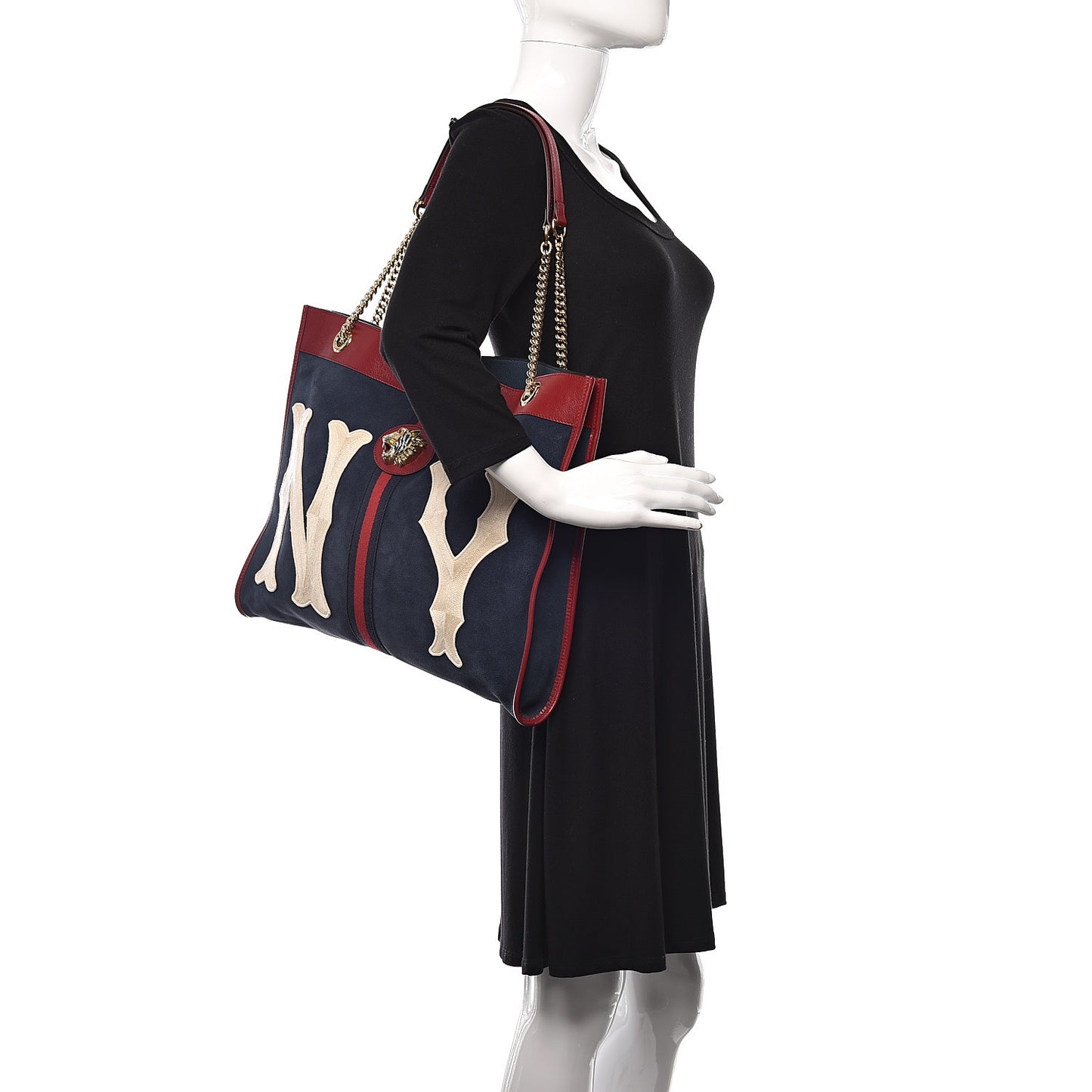 X MLB Suede Calfskin NY Yankees Large Rajah Chain Tote New Blue Romantic Cherry