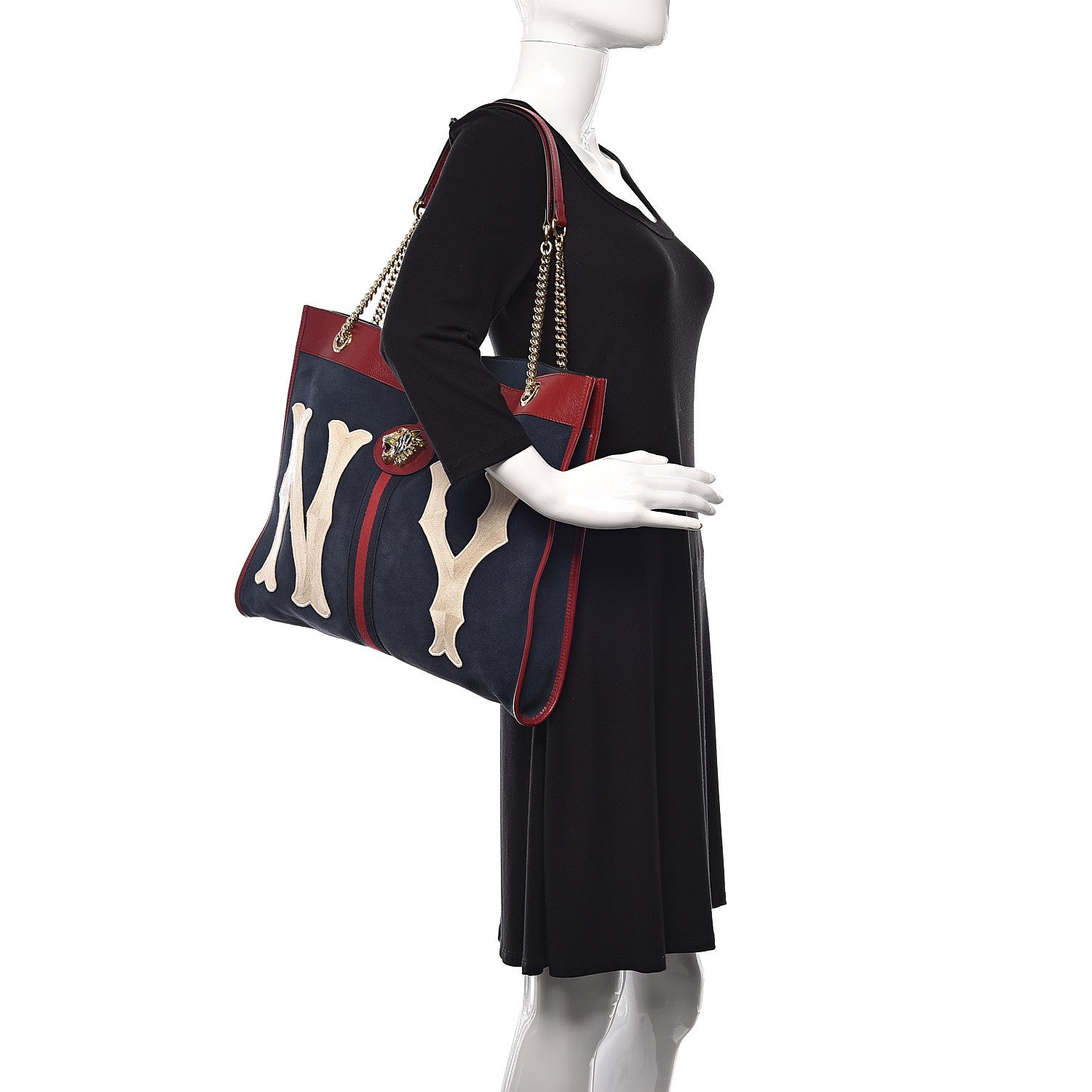 Gucci X MLB Suede Calfskin NY Yankees Large Rajah Chain Tote New Blue Romantic Cherry 2 of 10