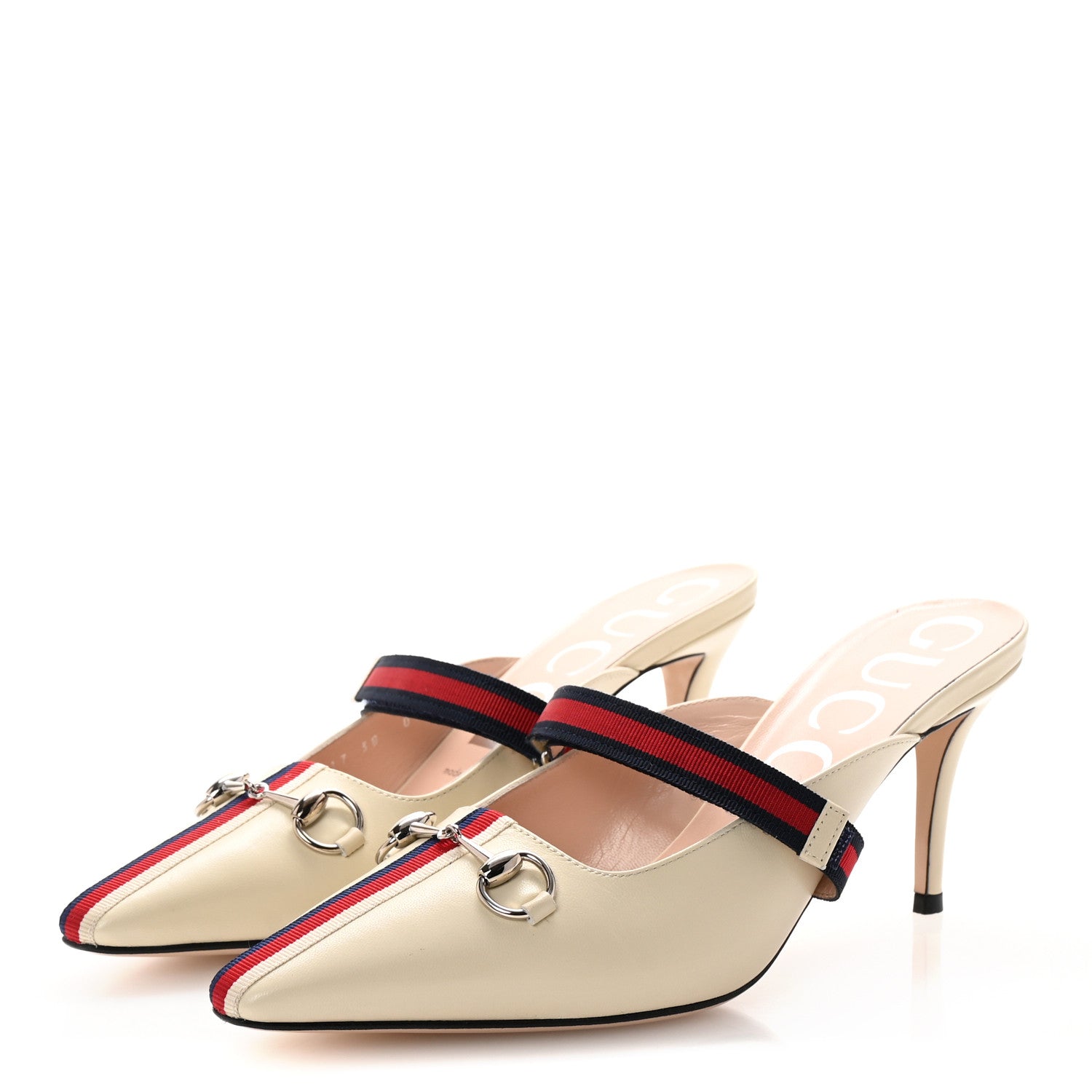 Gucci Malaga Kid Sylvie Web Cross Strap Mid-Heel Slides 38 Vintage White 4 of 9