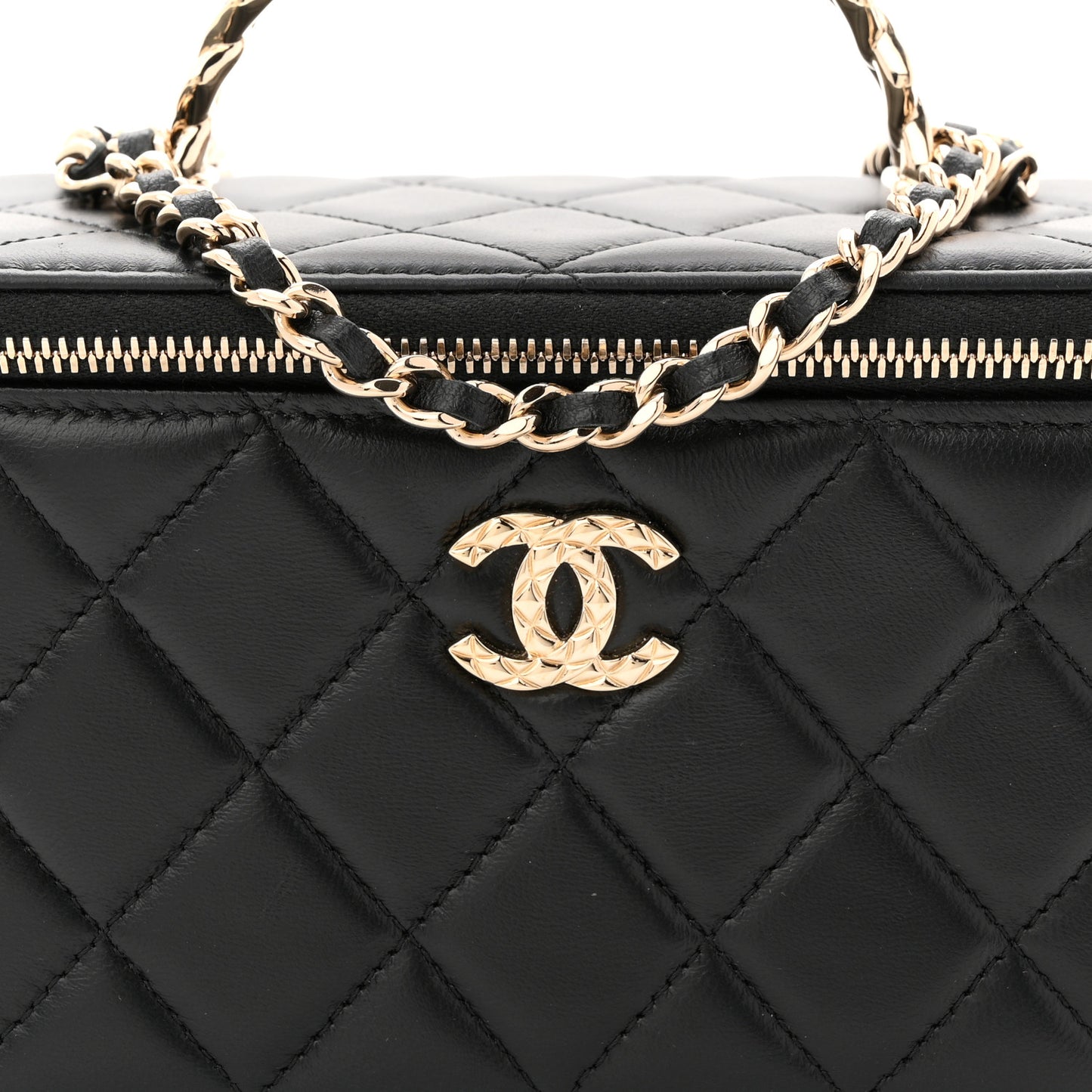 Lambskin Quilted Crystal Small Top Handle Vanity Case With Chain Black