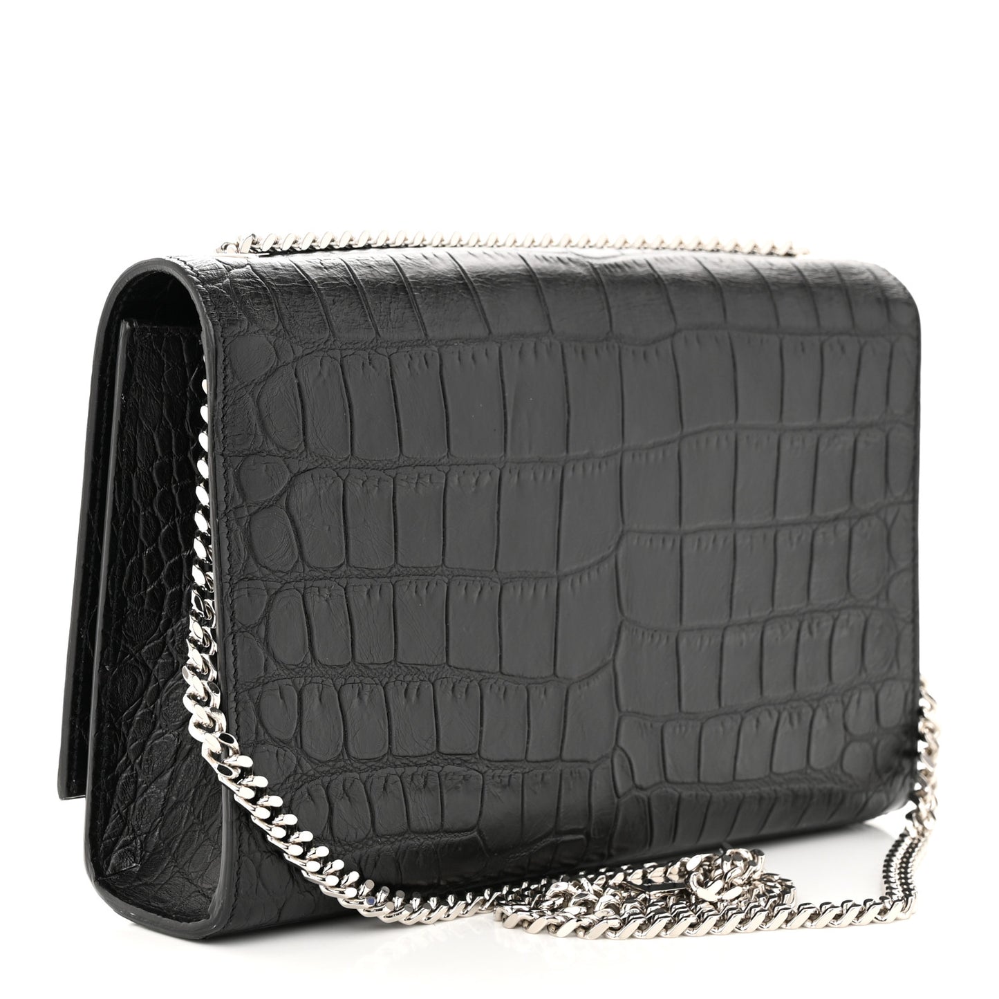 Calfskin Crocodile Embossed Medium Classic Monogram Kate Tassel Satchel Black