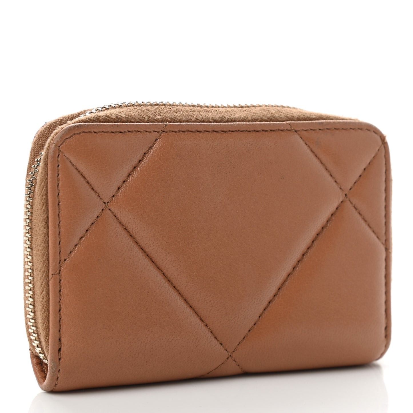 Shiny Goatskin Quilted 19 Zip Around Coin Purse Wallet Brown